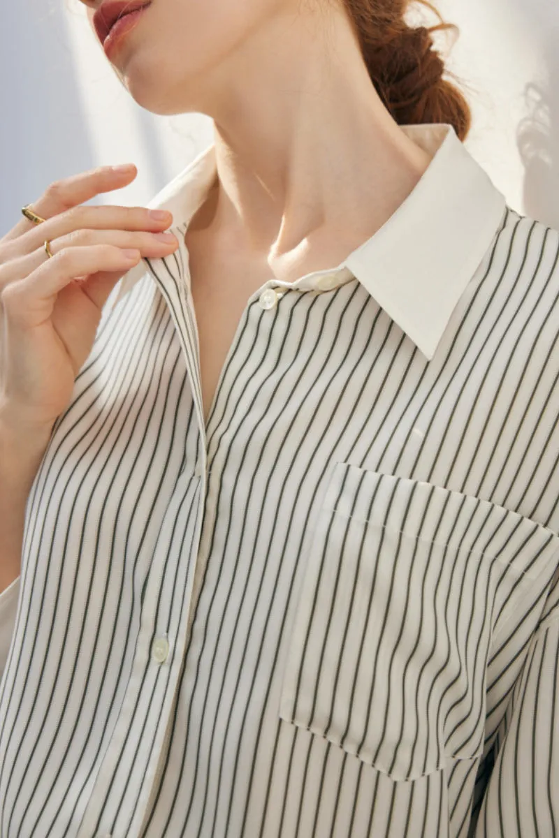 100 Mulberry Silk Striped Long-Sleeve Button-Down Shirt