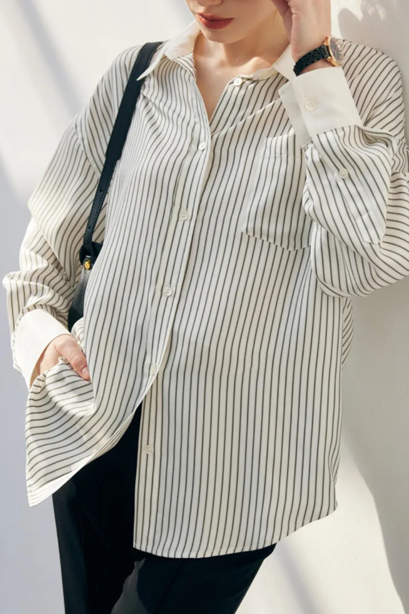 100 Mulberry Silk Striped Long-Sleeve Button-Down Shirt