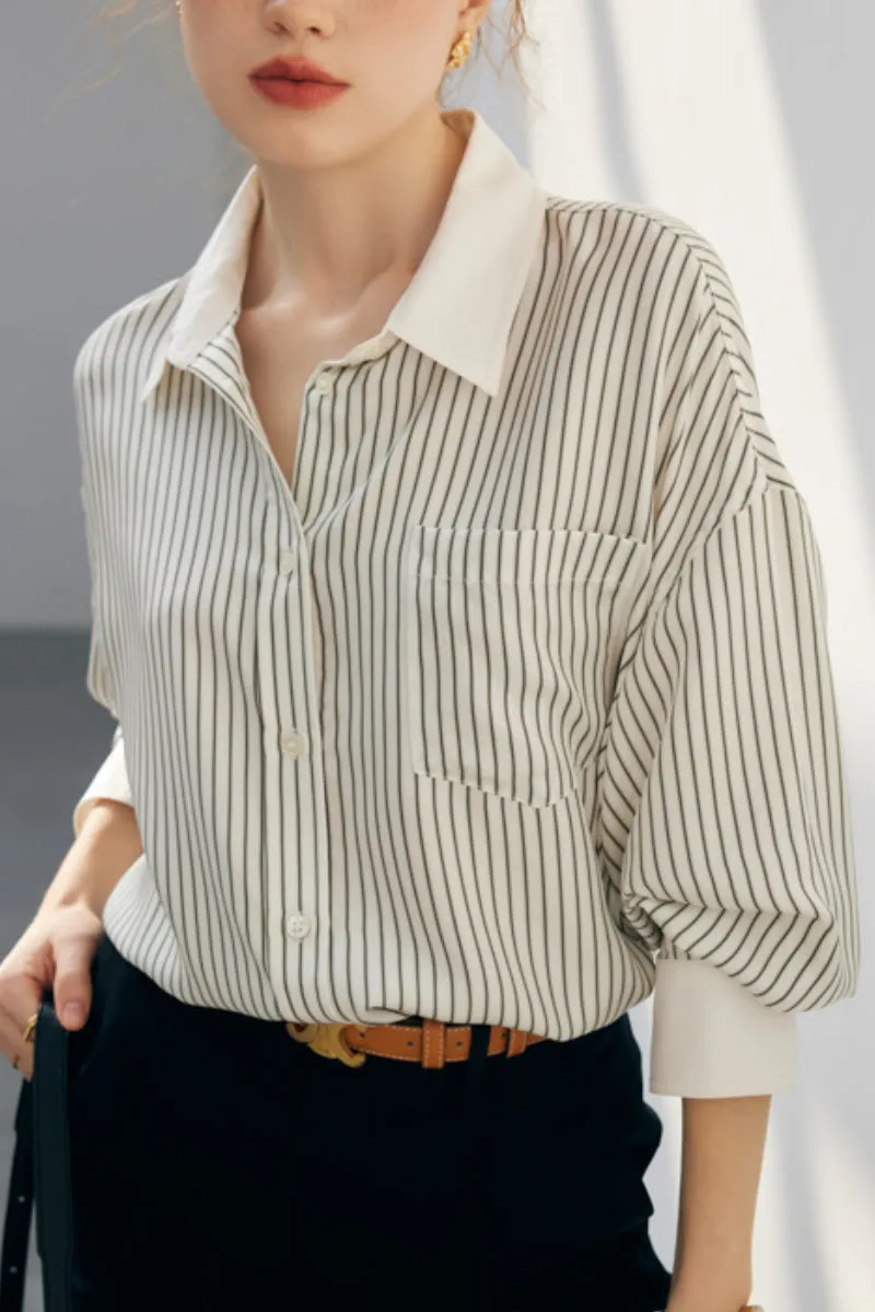 100 Mulberry Silk Striped Long-Sleeve Button-Down Shirt