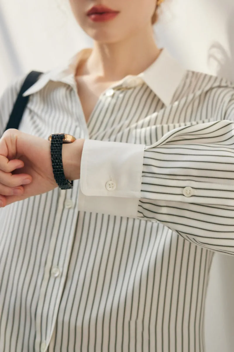 100 Mulberry Silk Striped Long-Sleeve Button-Down Shirt