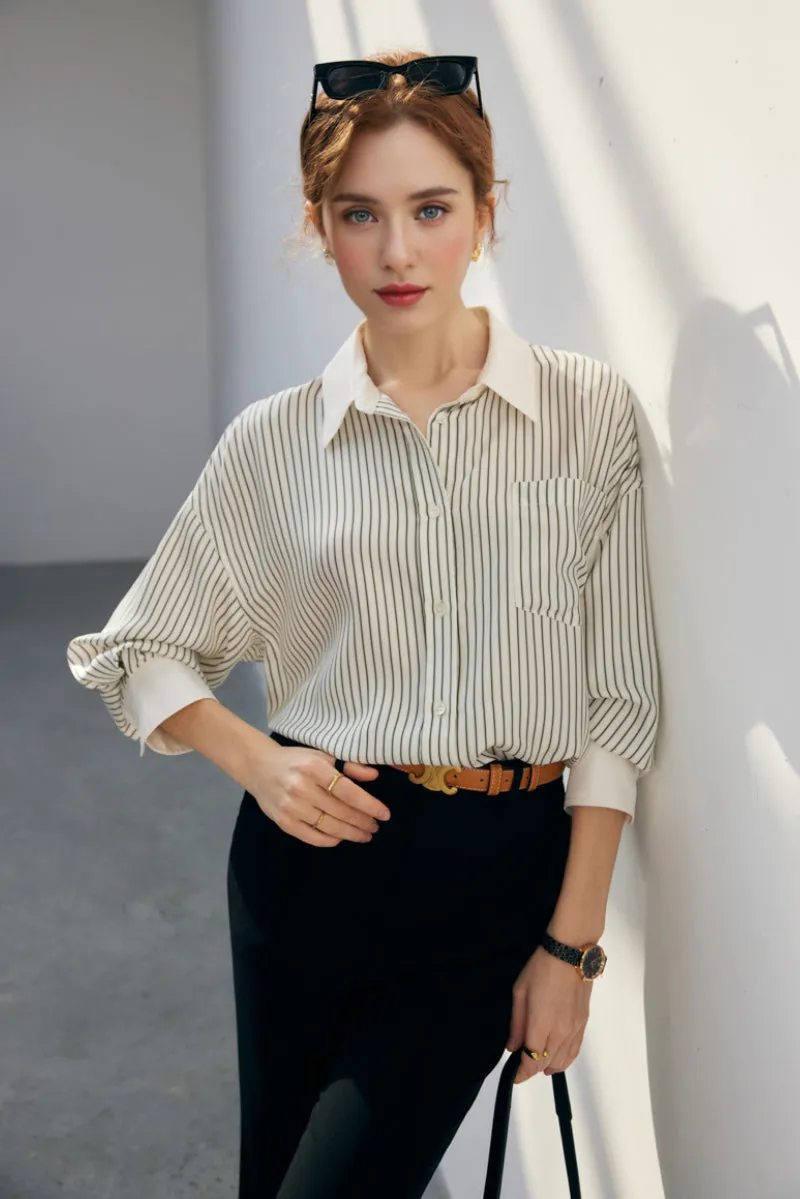 100 Mulberry Silk Striped Long-Sleeve Button-Down Shirt