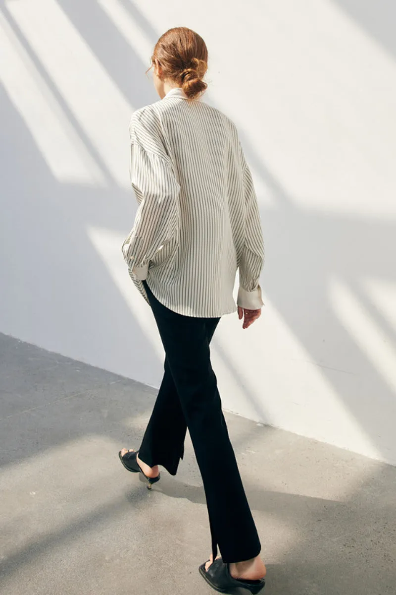 100 Mulberry Silk Striped Long-Sleeve Button-Down Shirt