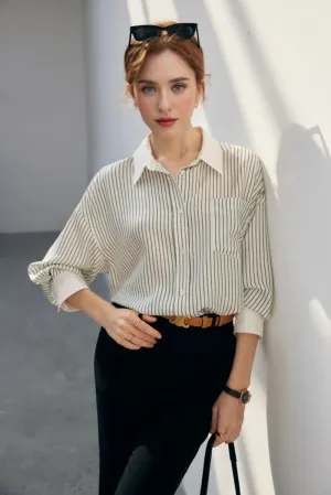 100 Mulberry Silk Striped Long-Sleeve Button-Down Shirt