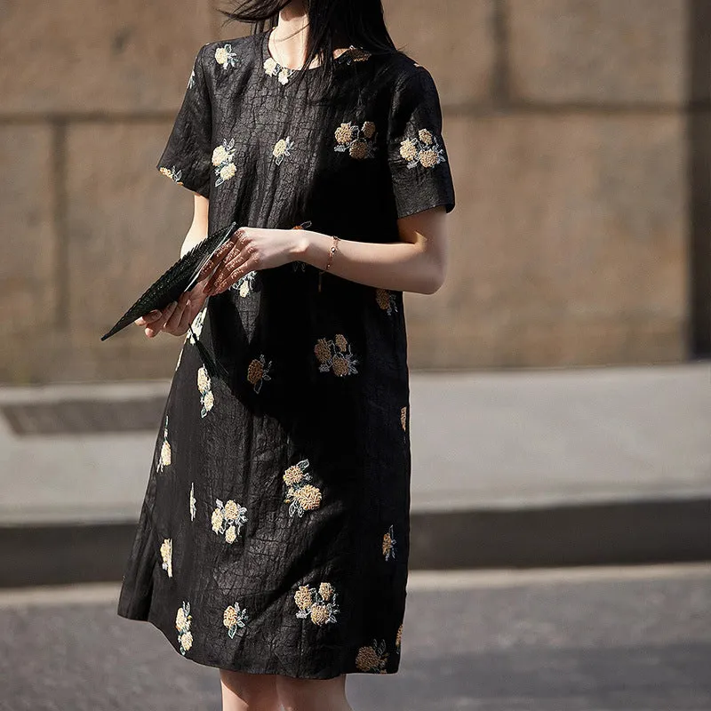 2025 High-end fragrant cloud yarn, turtle crack silk gold hydrangea embroidered dress, black short-sleeved medium and long women's clothing summer