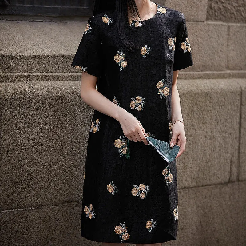 2025 High-end fragrant cloud yarn, turtle crack silk gold hydrangea embroidered dress, black short-sleeved medium and long women's clothing summer