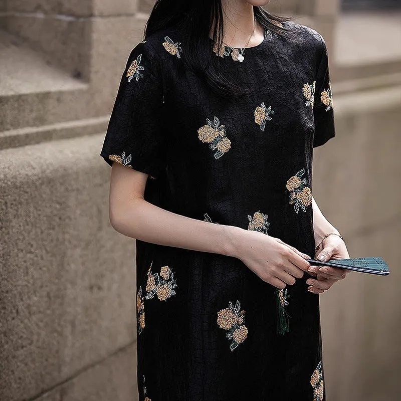 2025 High-end fragrant cloud yarn, turtle crack silk gold hydrangea embroidered dress, black short-sleeved medium and long women's clothing summer