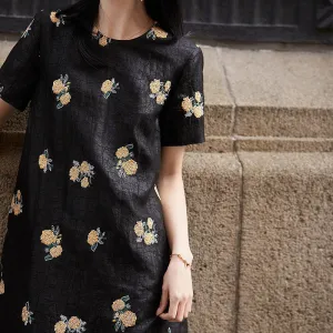 2025 High-end fragrant cloud yarn, turtle crack silk gold hydrangea embroidered dress, black short-sleeved medium and long women's clothing summer