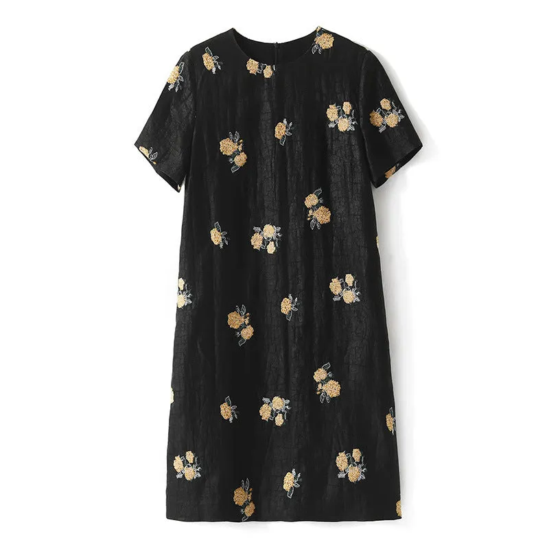 2025 High-end fragrant cloud yarn, turtle crack silk gold hydrangea embroidered dress, black short-sleeved medium and long women's clothing summer