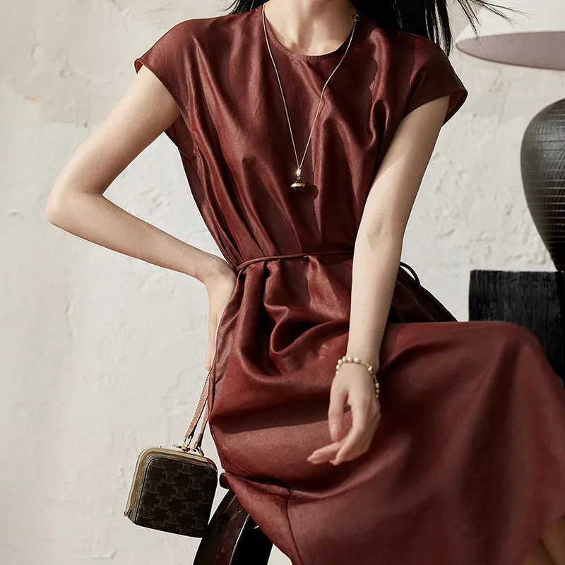 2025 High-end intangible cultural heritage red fragrant cloud yarn silk long skirt lace-up bag rotator sleeve mulberry silk dress summer short-sleeved women's clothing
