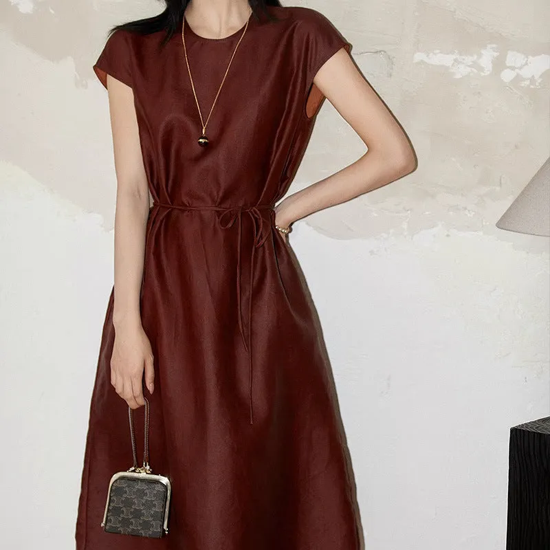 2025 High-end intangible cultural heritage red fragrant cloud yarn silk long skirt lace-up bag rotator sleeve mulberry silk dress summer short-sleeved women's clothing