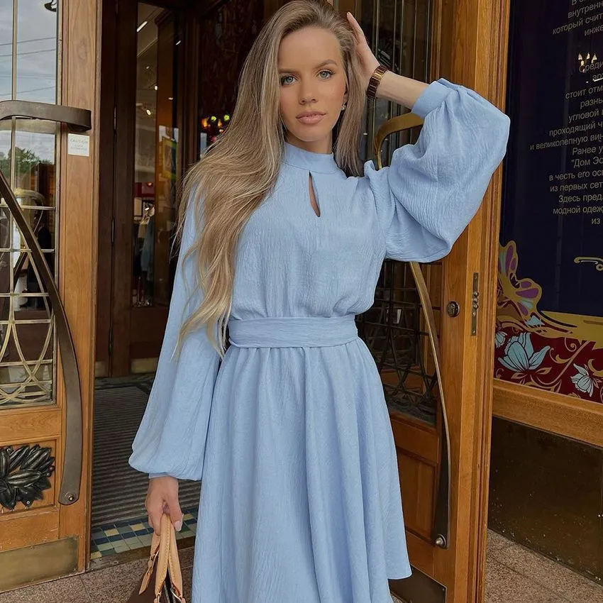 2025 new autumn fashion blue temperament commuting ice silk dress elastic sleeves waist thin dress