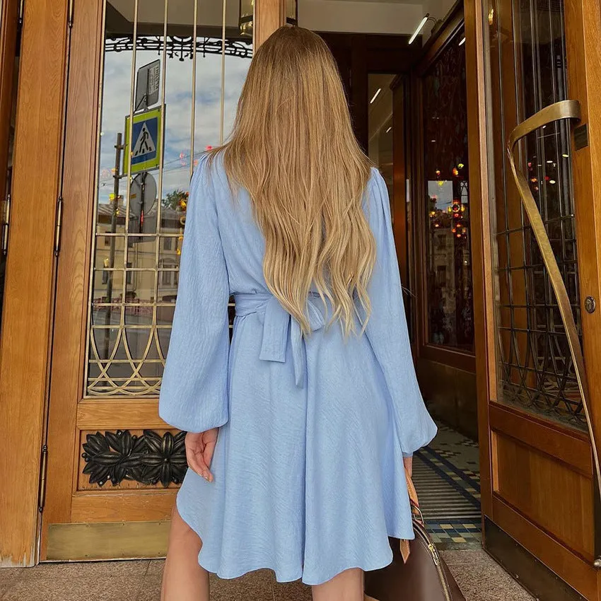 2025 new autumn fashion blue temperament commuting ice silk dress elastic sleeves waist thin dress