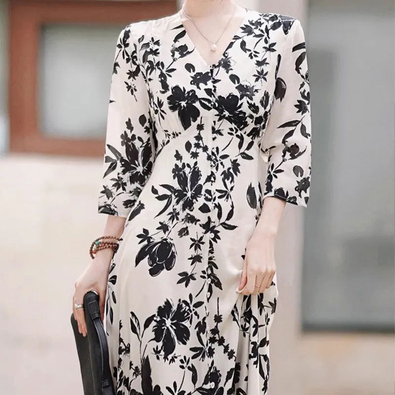 2025 New Chinese 100 silk cheongsam, ink dress, high-end mulberry silk skirt women's clothing, summer high-end long sleeves