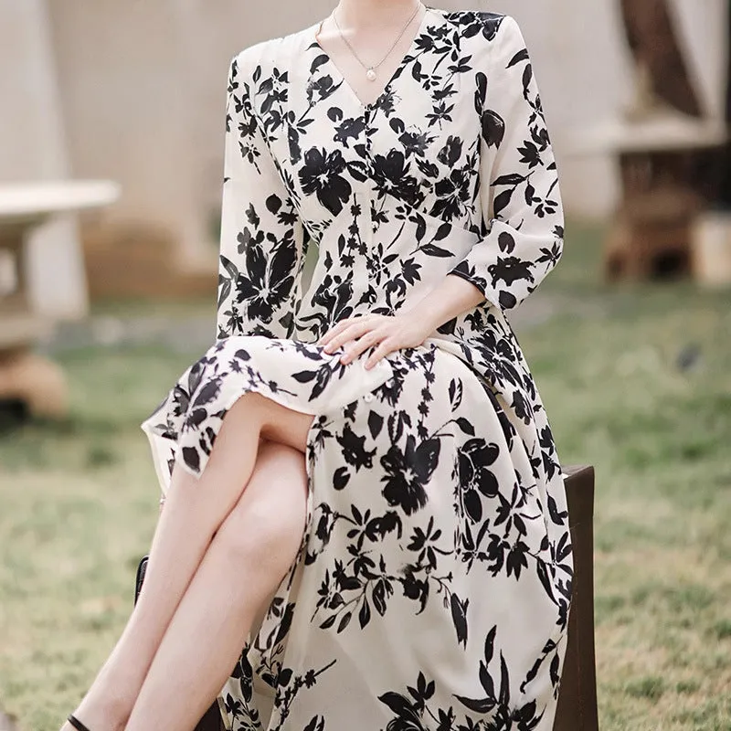 2025 New Chinese 100 silk cheongsam, ink dress, high-end mulberry silk skirt women's clothing, summer high-end long sleeves