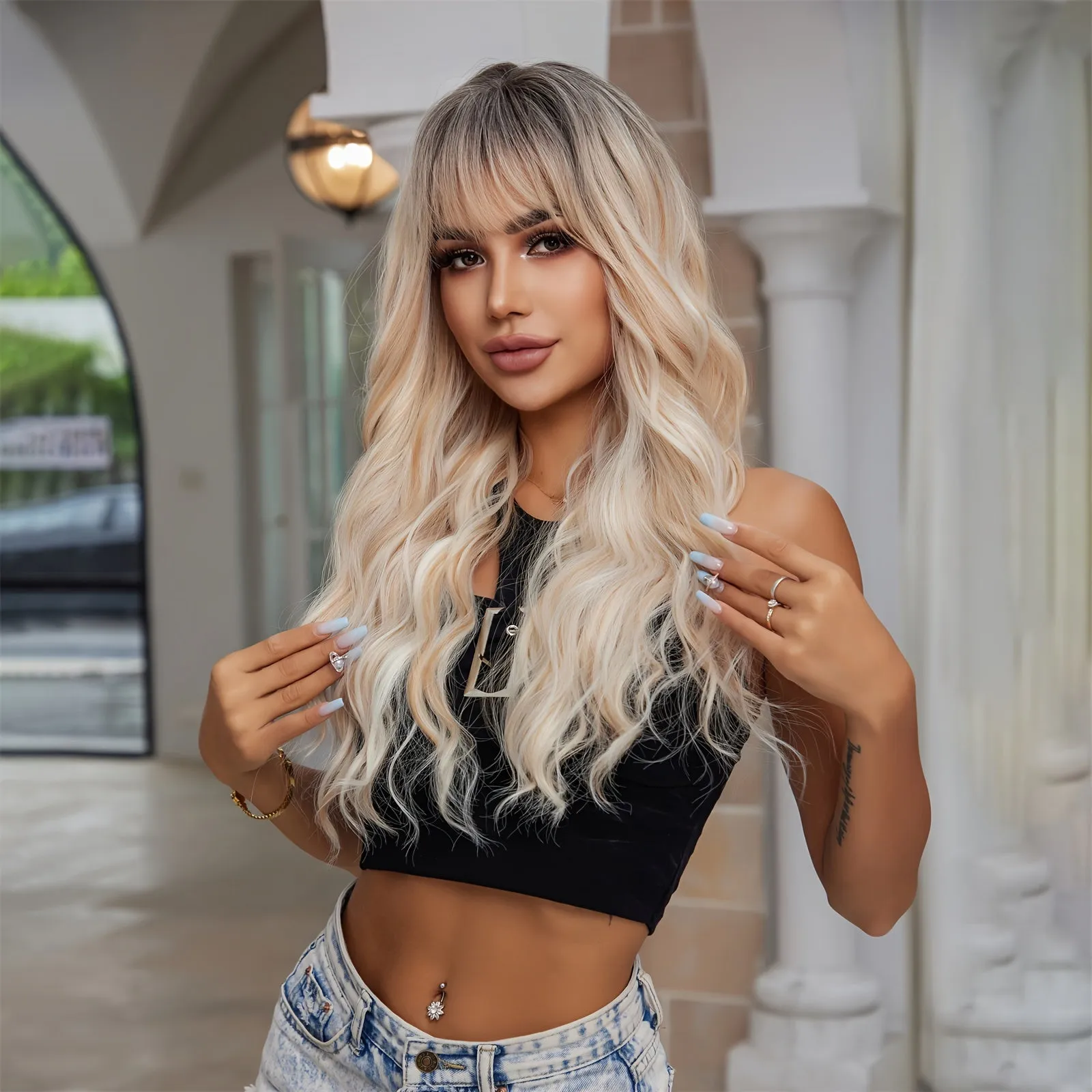 26 Chic Gradient Wig with Bangs - Soft Loose Waves, Heat Resistant Synthetic Hair, Vibrant Color Blend - Perfect for Party & Daily Glam