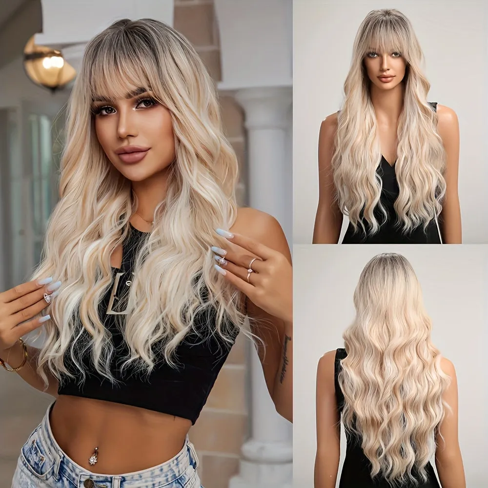 26 Chic Gradient Wig with Bangs - Soft Loose Waves, Heat Resistant Synthetic Hair, Vibrant Color Blend - Perfect for Party & Daily Glam