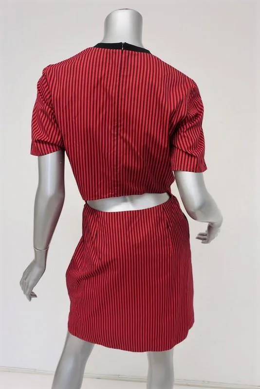 3.1 Phillip Lim Dress Red Striped Cotton-Silk Size 4 Tie Front Cutout Back