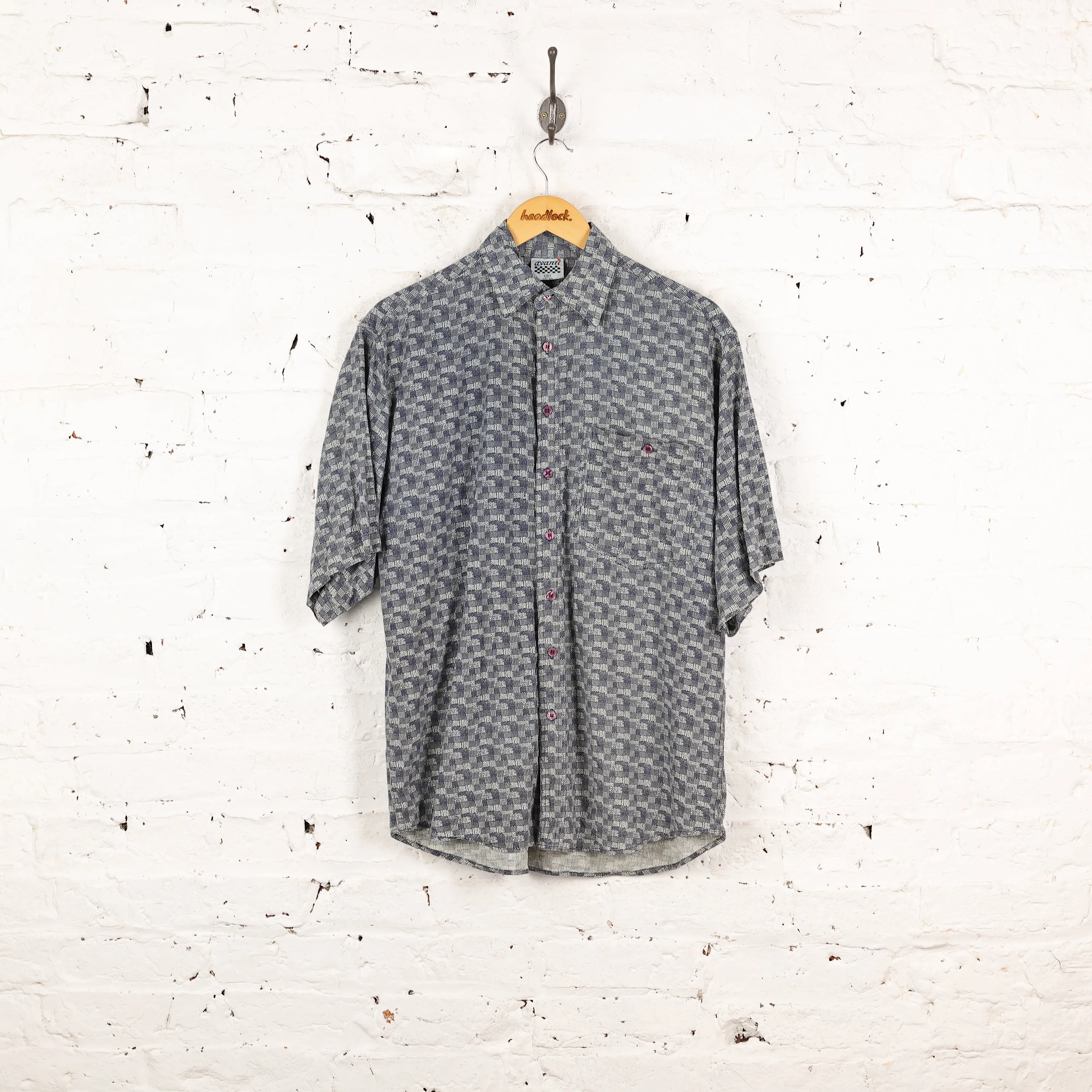 90s Pattern Short Sleeve Shirt - Blue - M