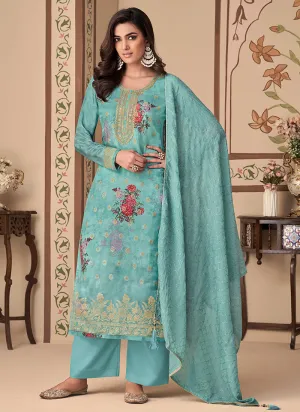 Aqua Blue Embroidery Printed Jacquard Silk Pant Suit