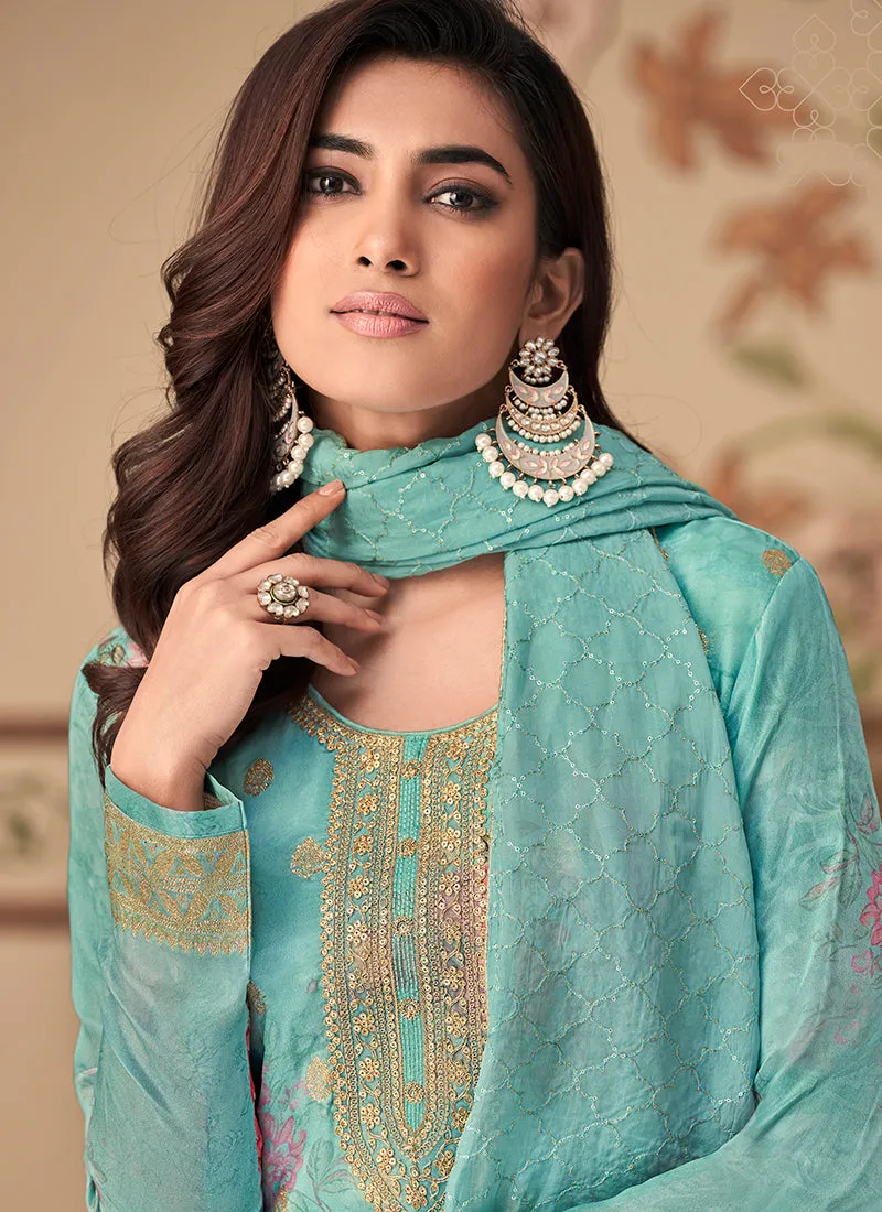Aqua Blue Embroidery Printed Jacquard Silk Pant Suit