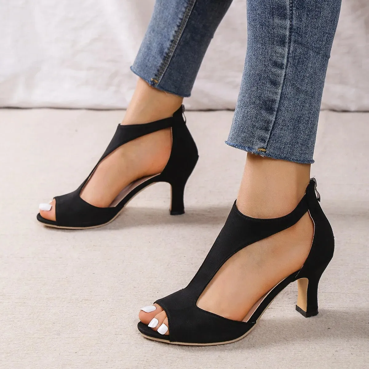 Back Zipper Bag Heel Peep-toe Shoe Women's Summer Side Air Thin Heel Roman Sandals