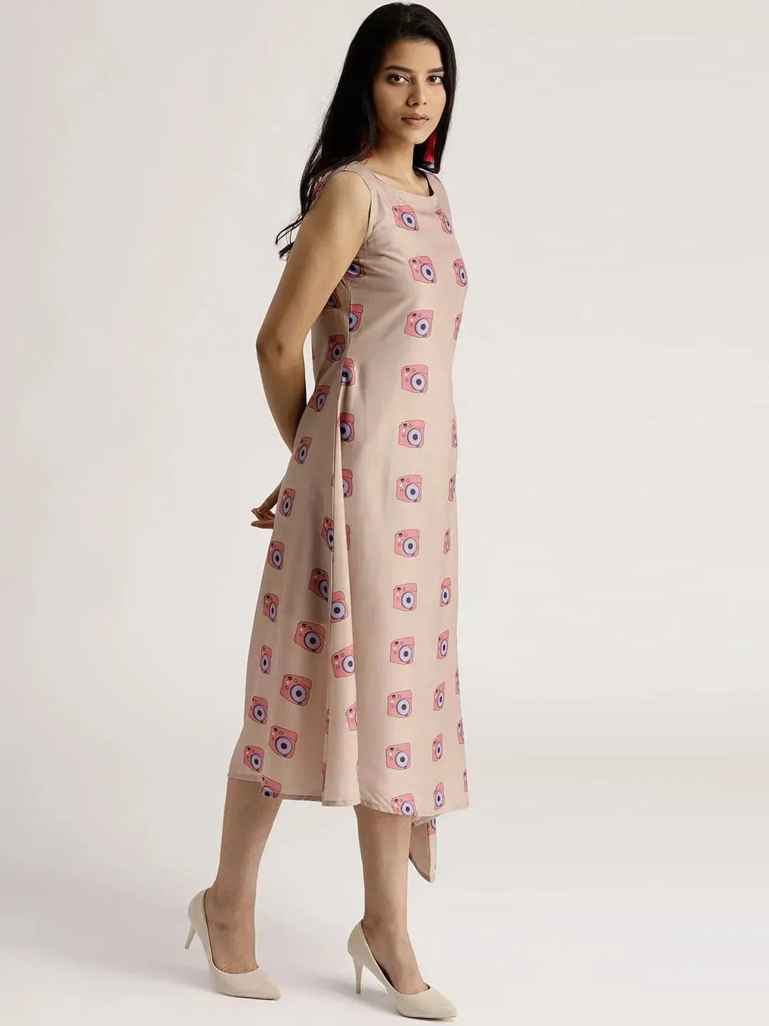 Beige Printed Silk Dress