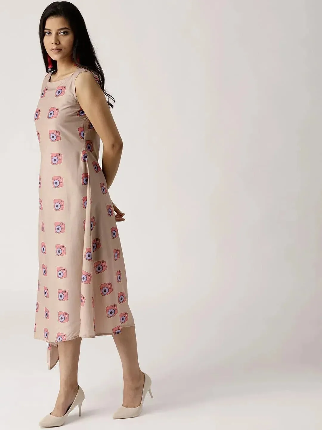 Beige Printed Silk Dress