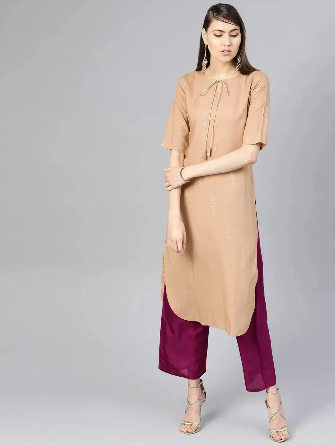 Beige Printed Silk Pathani Kurta With Palazzos
