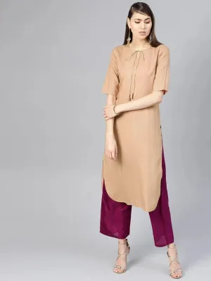 Beige Printed Silk Pathani Kurta With Palazzos