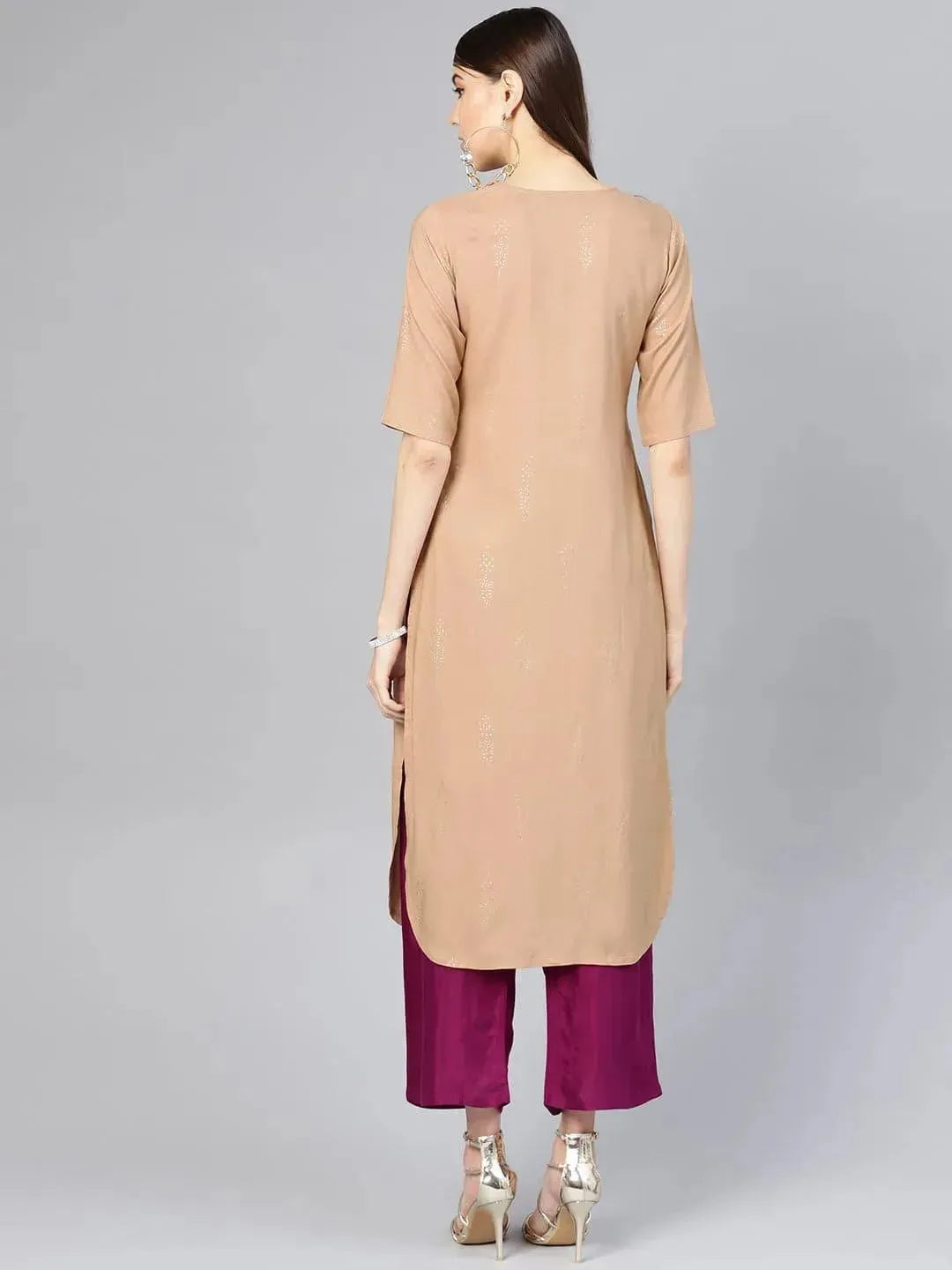 Beige Printed Silk Pathani Kurta With Palazzos