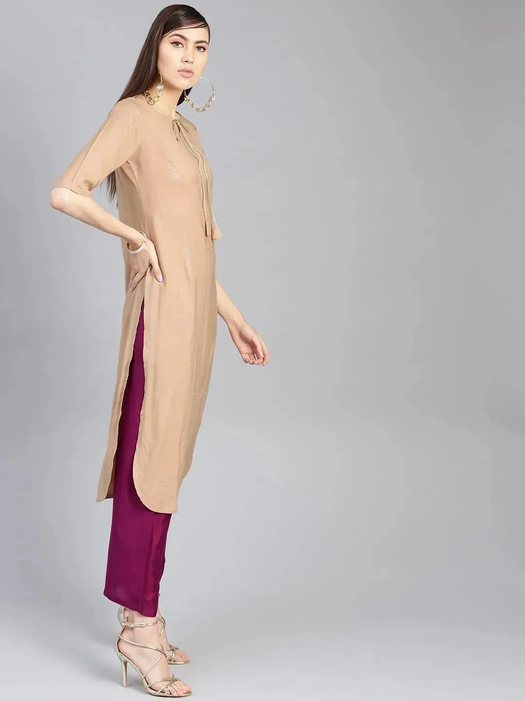 Beige Printed Silk Pathani Kurta With Palazzos