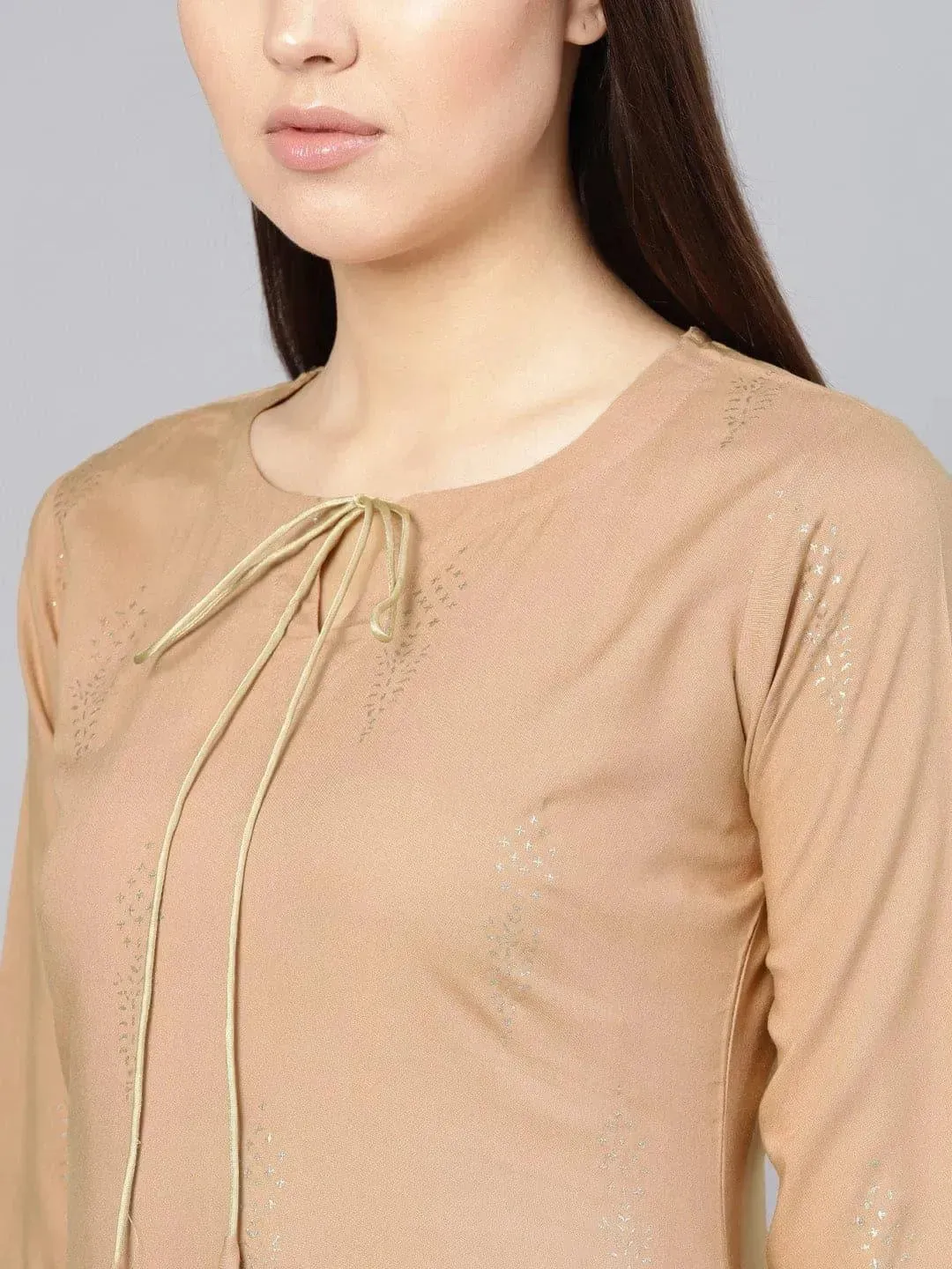Beige Printed Silk Pathani Kurta With Palazzos