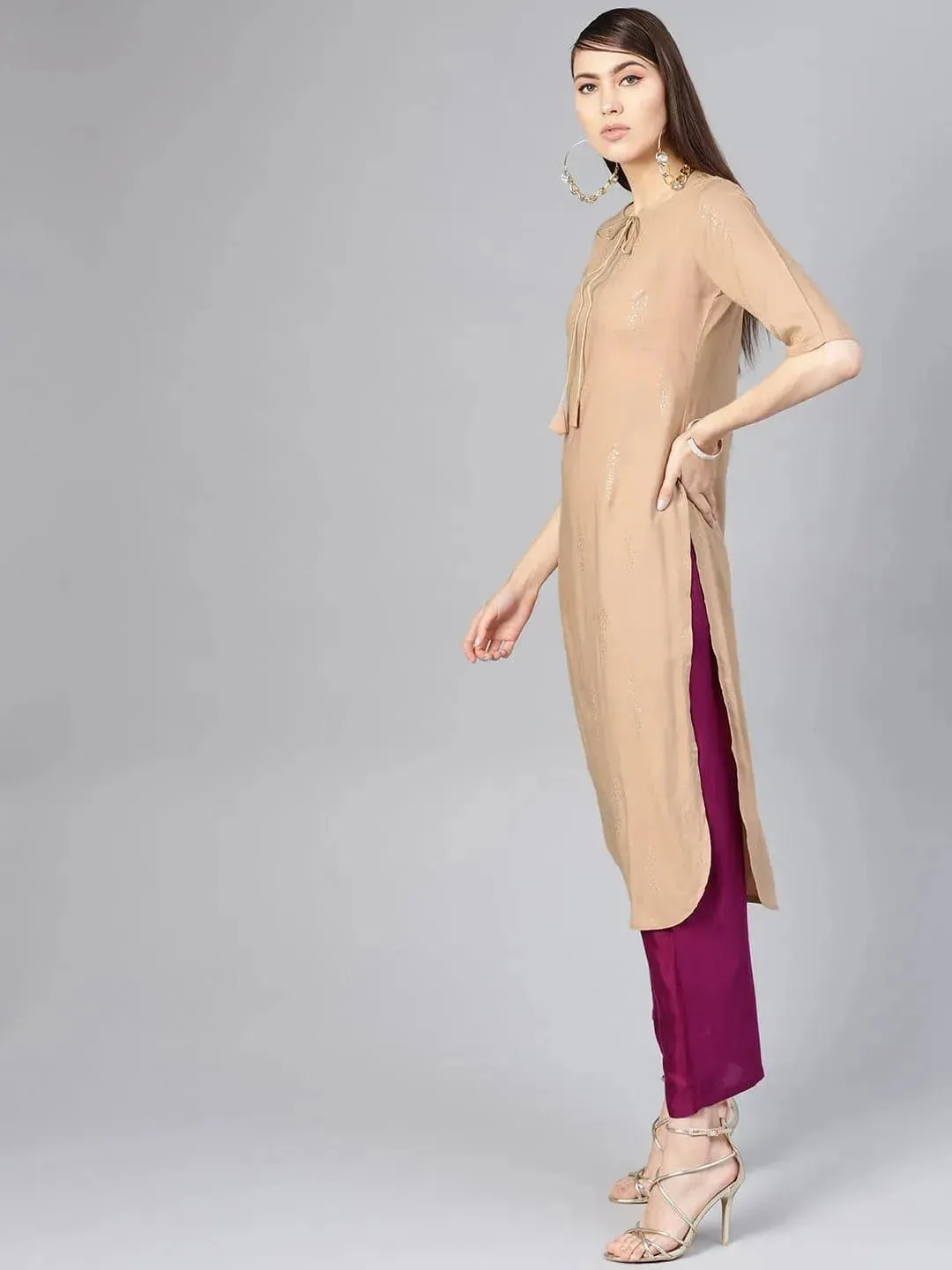 Beige Printed Silk Pathani Kurta With Palazzos