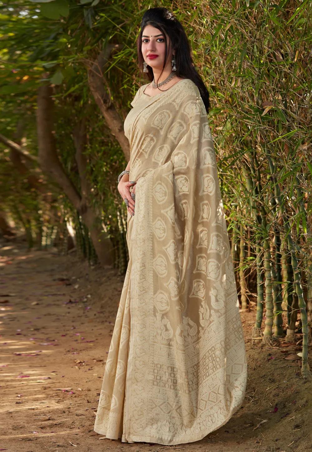 Beige Printed Silk Saree
