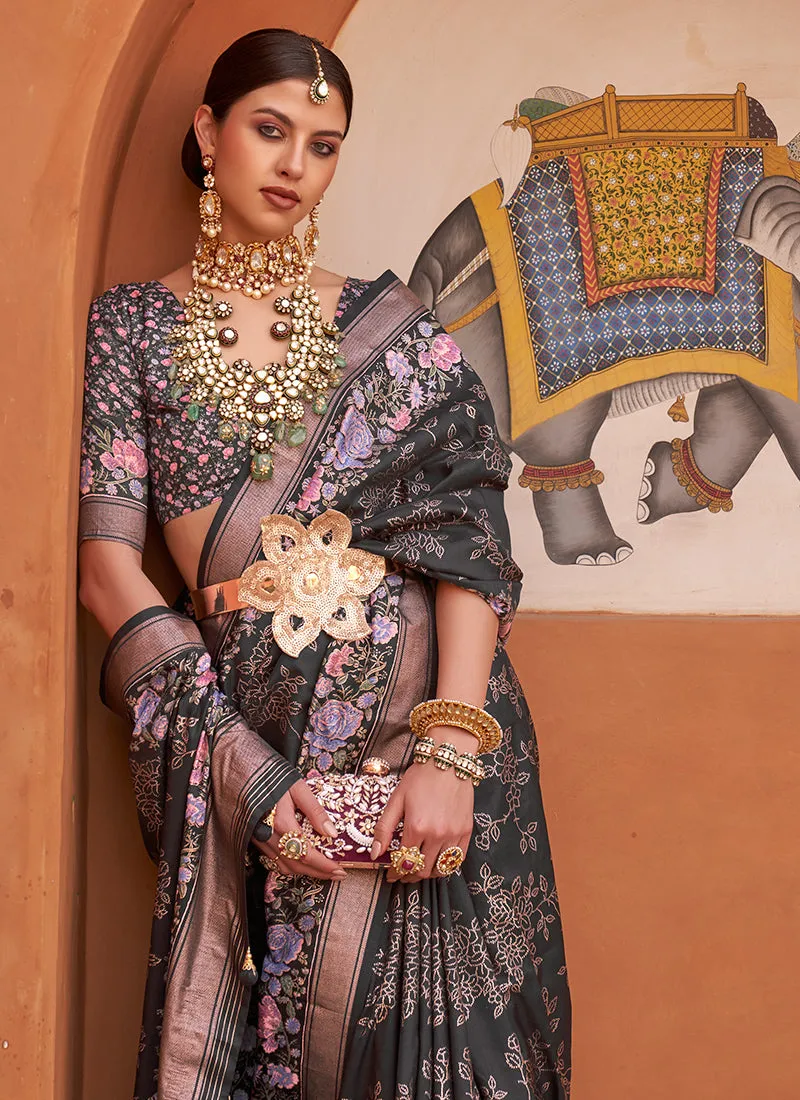 Black Multi Digital Printed Fancy Floral Silk Saree