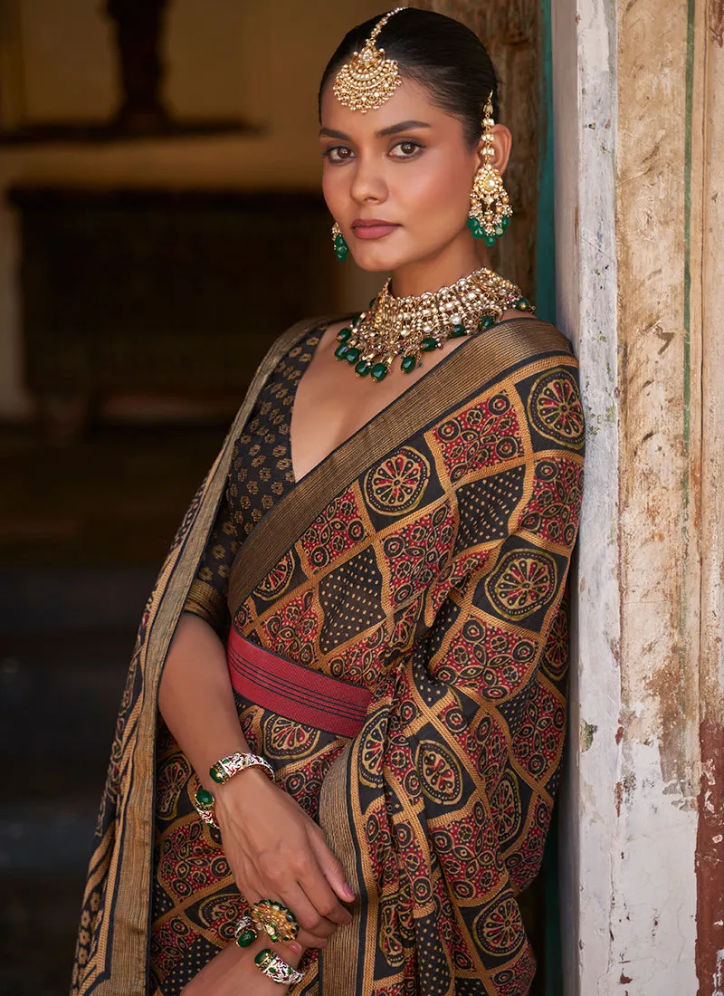 Black Multi Printed Brasso Silk Saree