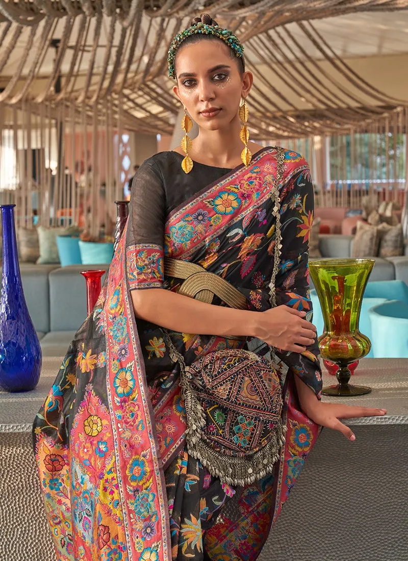 Black Multicoloured Kashmiri Handloom Weaved Silk Saree