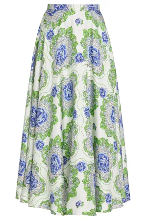 Blue and Green Floral Printed Silk Twill Skirt