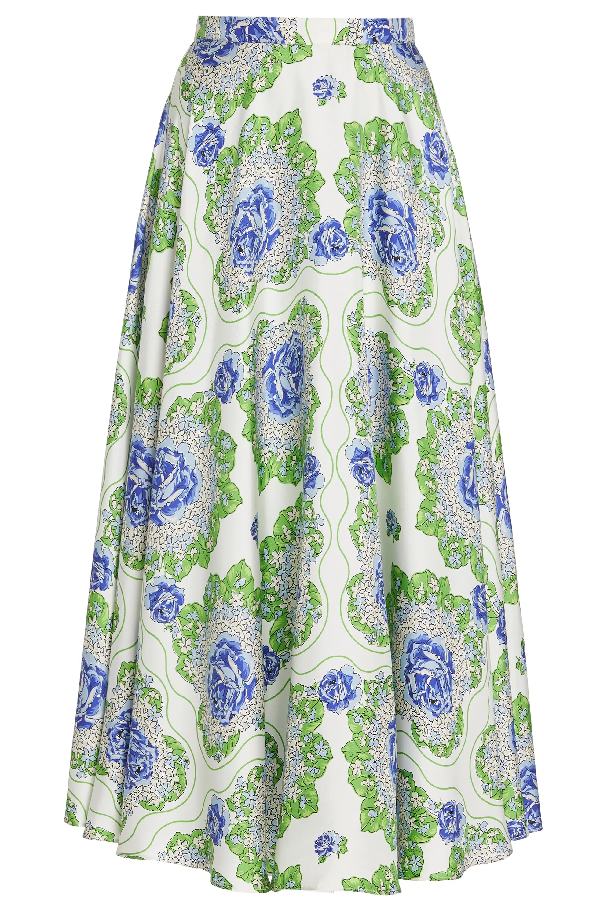 Blue and Green Floral Printed Silk Twill Skirt