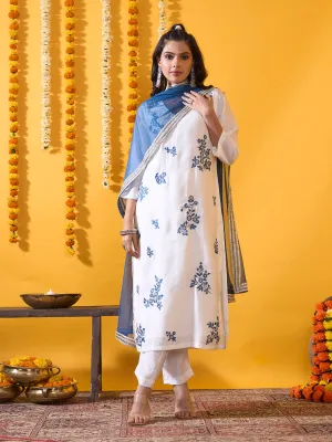 Blue Chanderi Silk Suit Set with Net Dupatta - Zola