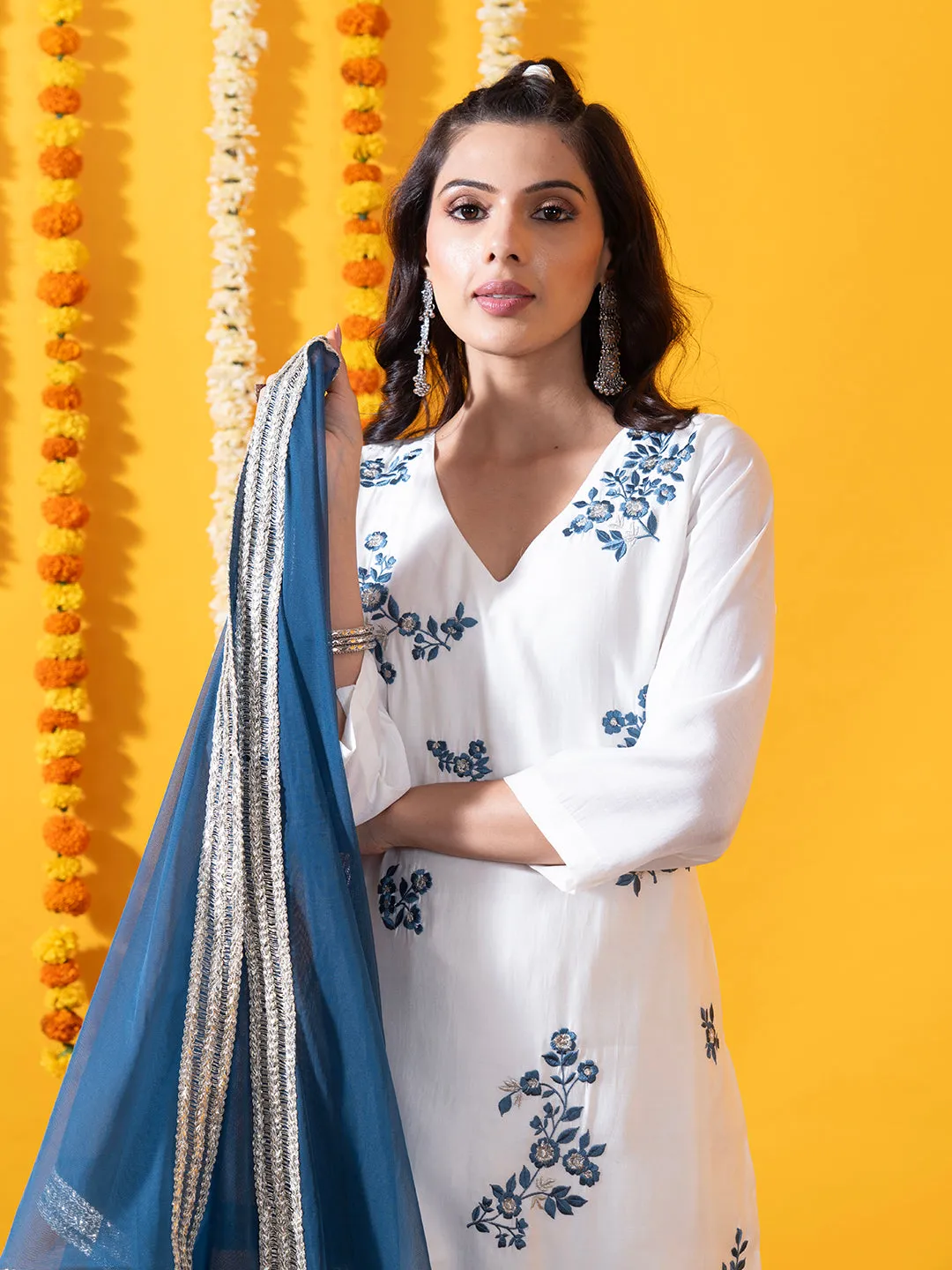 Blue Chanderi Silk Suit Set with Net Dupatta - Zola