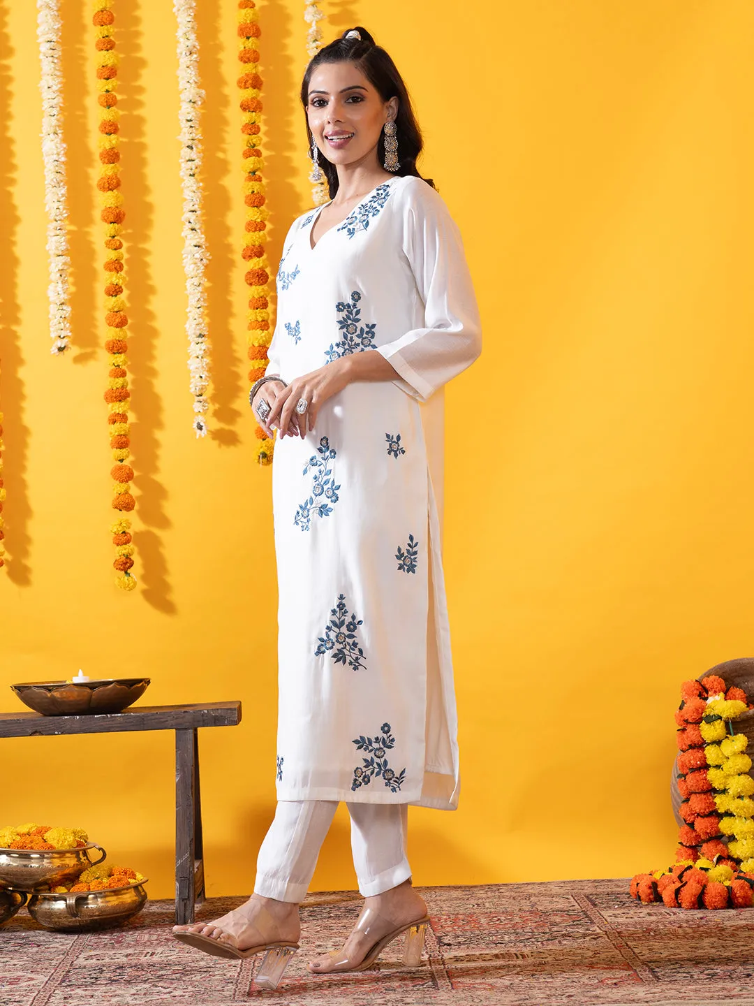 Blue Chanderi Silk Suit Set with Net Dupatta - Zola