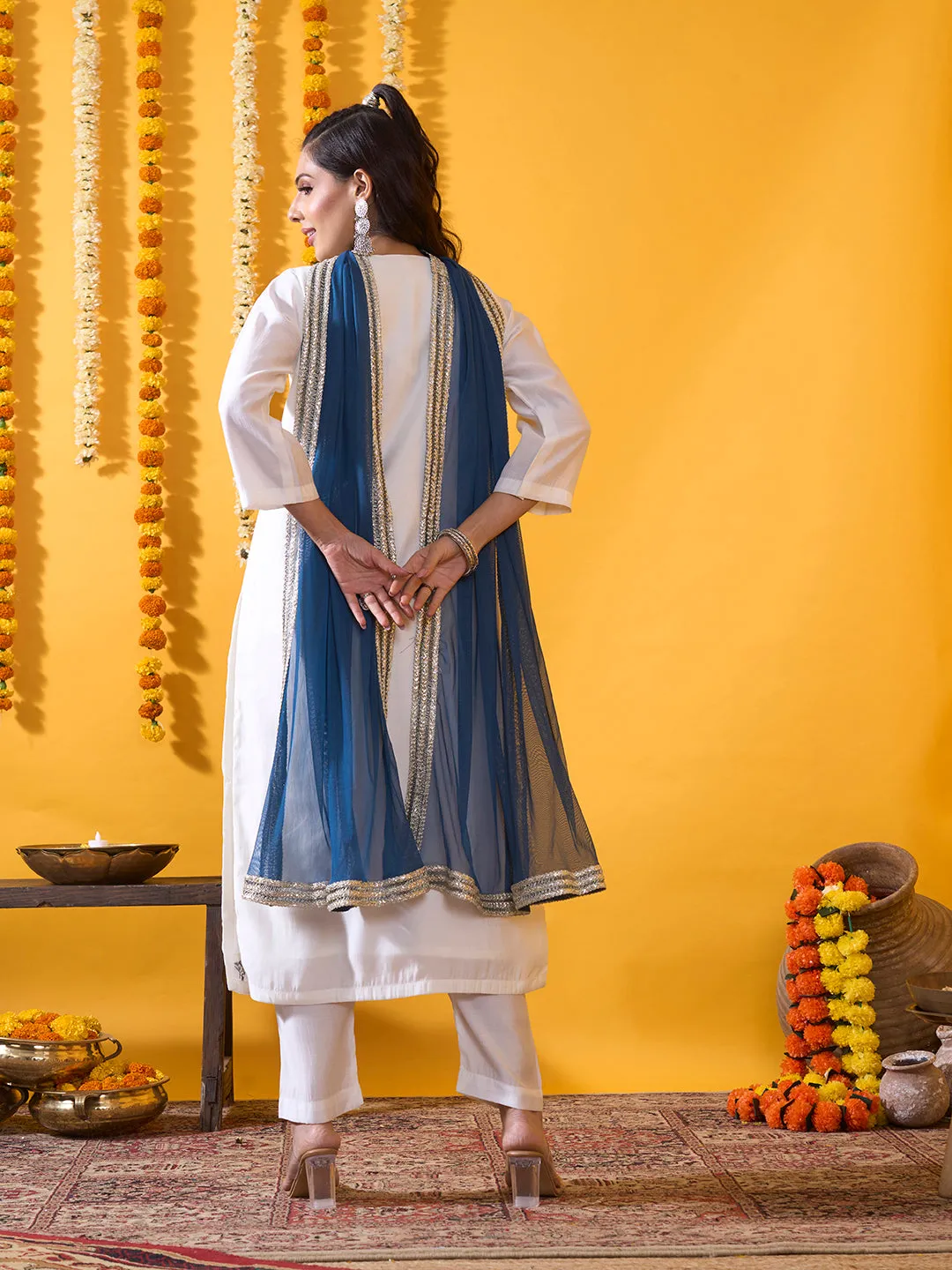 Blue Chanderi Silk Suit Set with Net Dupatta - Zola