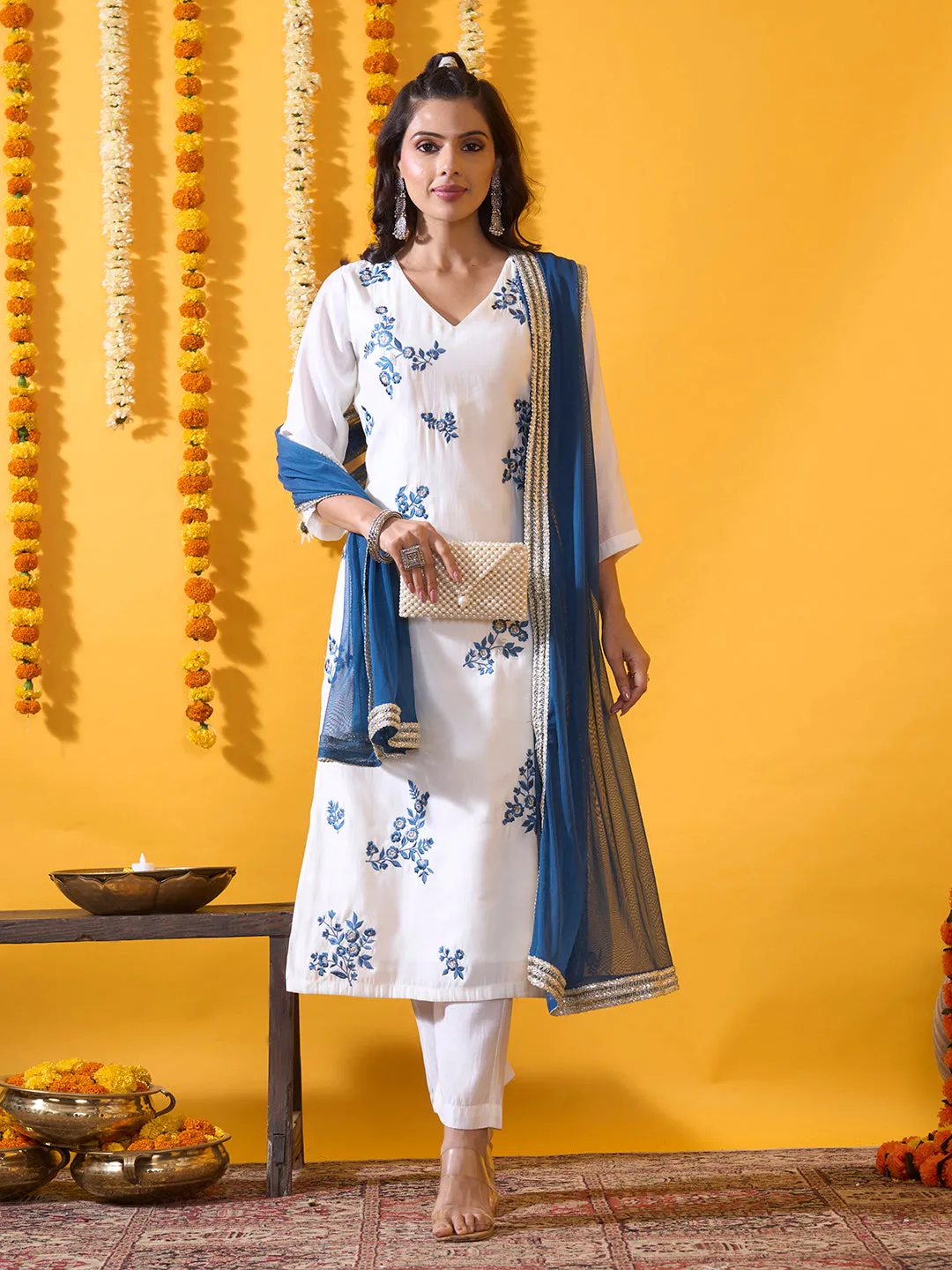 Blue Chanderi Silk Suit Set with Net Dupatta - Zola