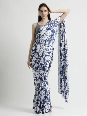 Blue Floral Printed Japan Silk Saree