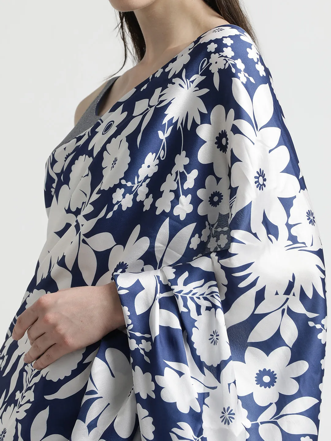 Blue Floral Printed Japan Silk Saree