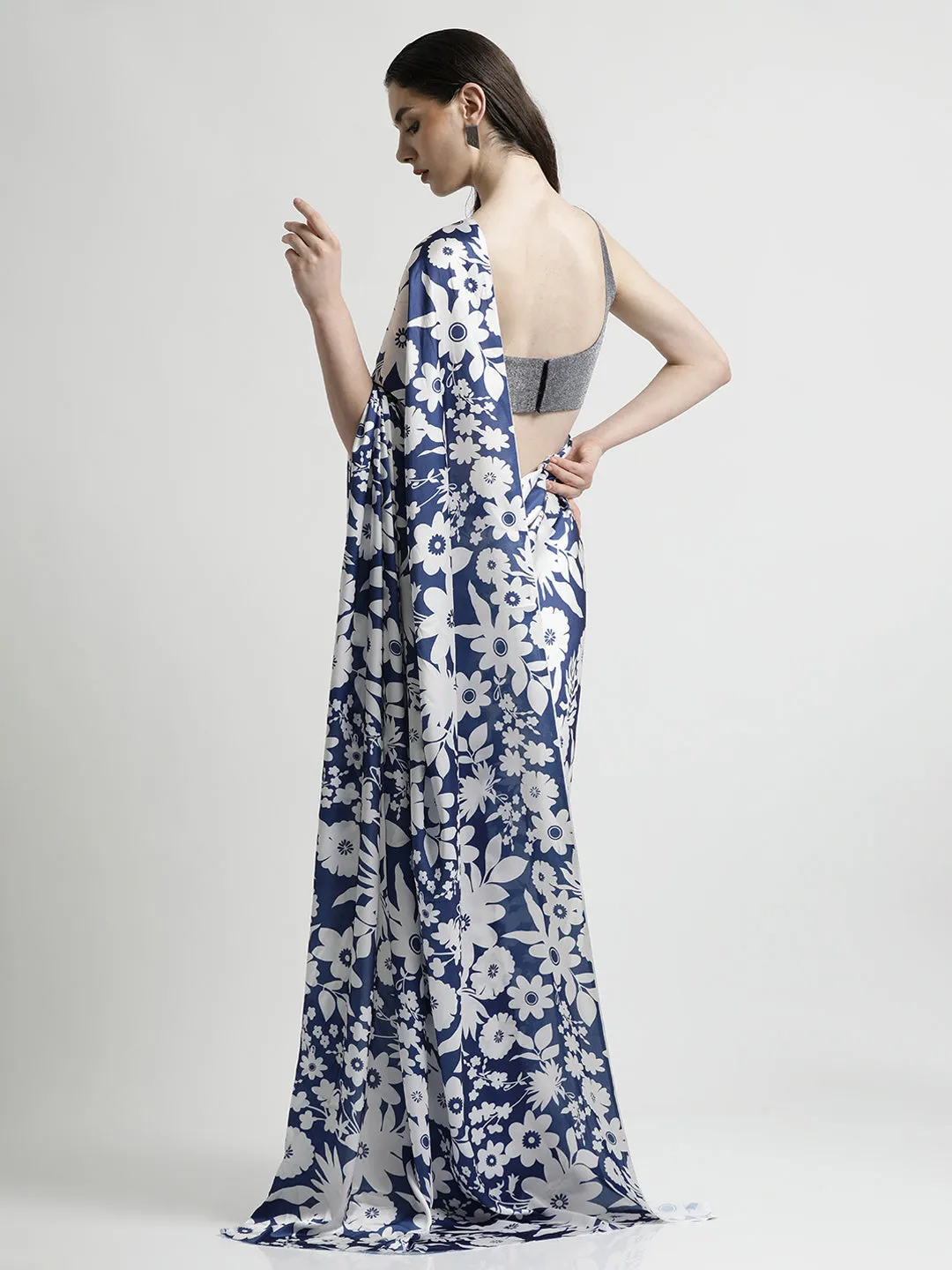 Blue Floral Printed Japan Silk Saree