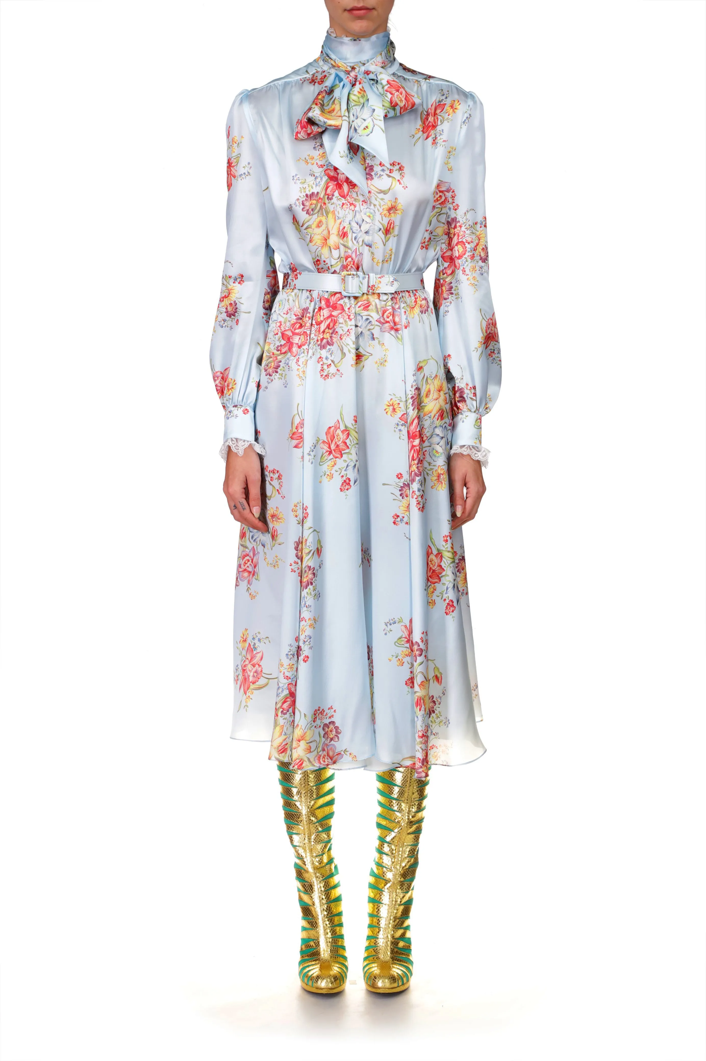 Blue Floral Silk Dress With Sash Tie Neck