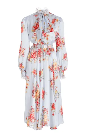 Blue Floral Silk Dress With Sash Tie Neck