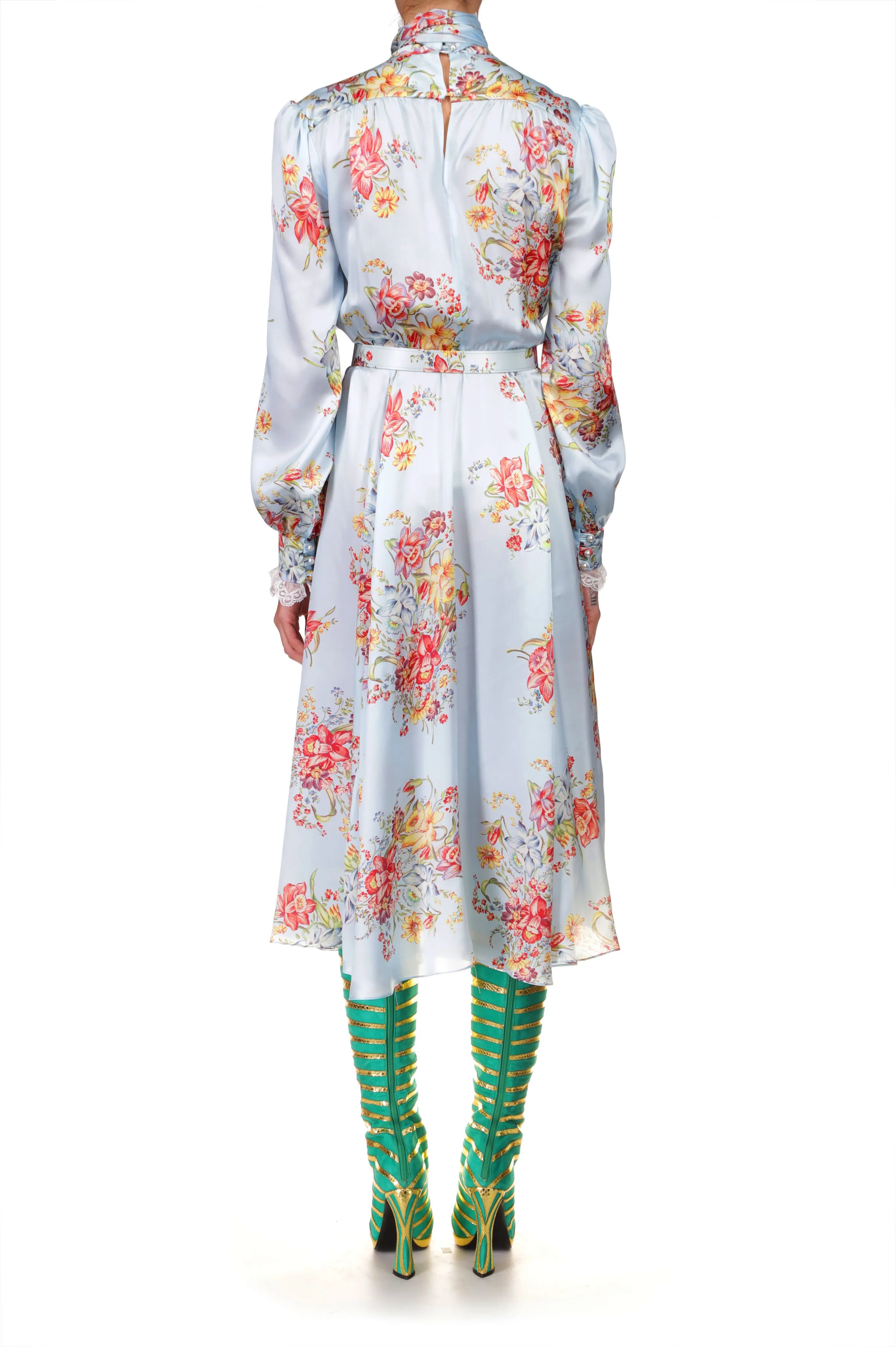 Blue Floral Silk Dress With Sash Tie Neck